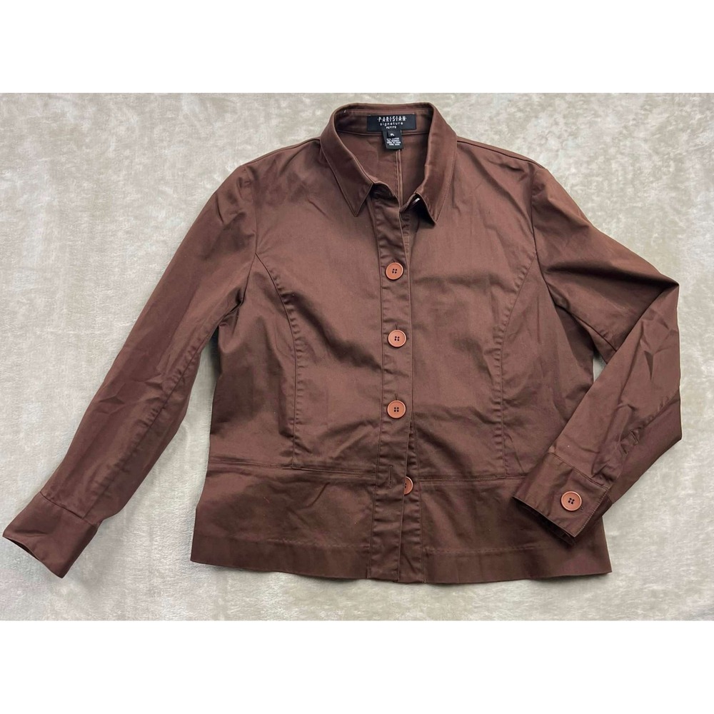 EUC Parisian Signature Petite Chocolate Brown Button Down Cotton Jacket Size PL